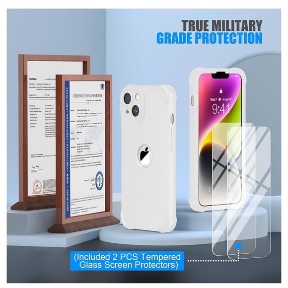 IP 14/15 Plus Heavy Duty, 2 pc Toughness Tempered Glass, Slim White Phone Case - Picture 2 of 5